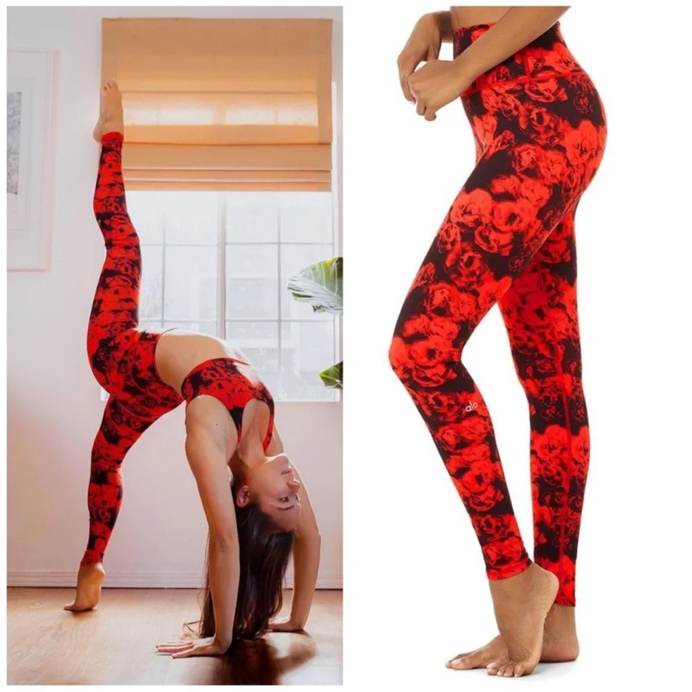 2 PIECE Alo Yoga VAPOR ROSES BRA & HIGH-WAIST ROSES LEGGING set in Cherry